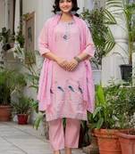 Floral embroidered silk round neck kurta trouser & dupatta set