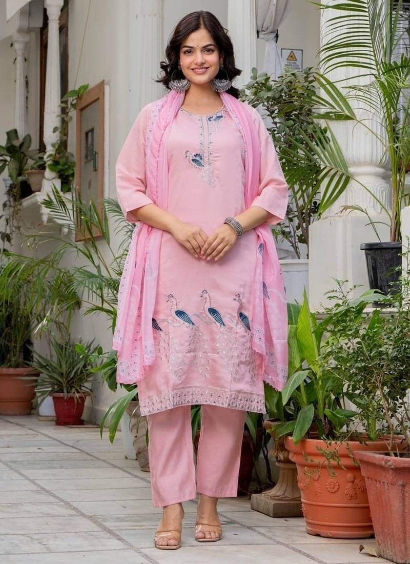 Floral embroidered silk round neck kurta trouser & dupatta set