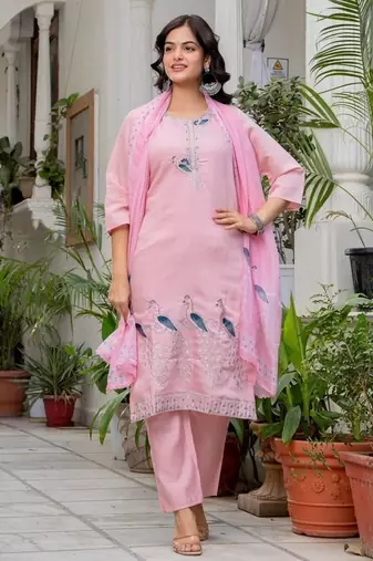 pink floral embroidered silk kurta set with dupatta
