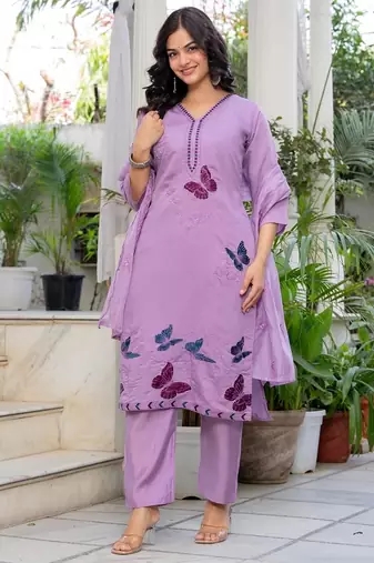 Floral embroidered silk v neck kurta trouser & dupatta set
