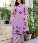 Floral embroidered silk v neck kurta trouser & dupatta set