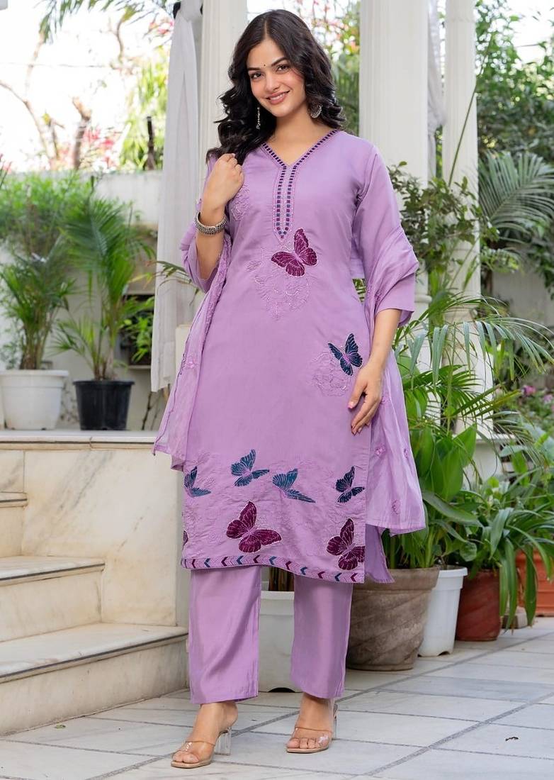 Floral embroidered silk v neck kurta trouser & dupatta set
