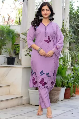 lavender floral embroidered silk kurta set with dupatta