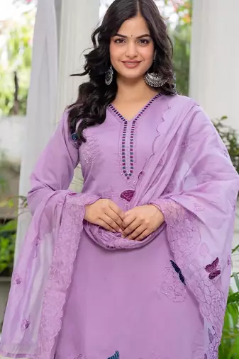 lavender floral embroidered silk kurta set with dupatta