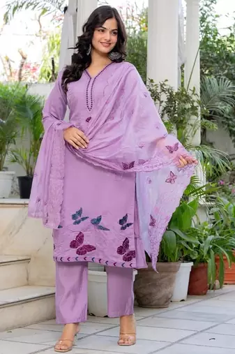lavender floral embroidered silk kurta set with dupatta