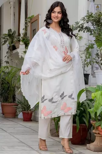 Floral embroidered silk v neck kurta trouser & dupatta set