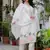 Floral embroidered silk blend v neck kurta trouser & dupatta set