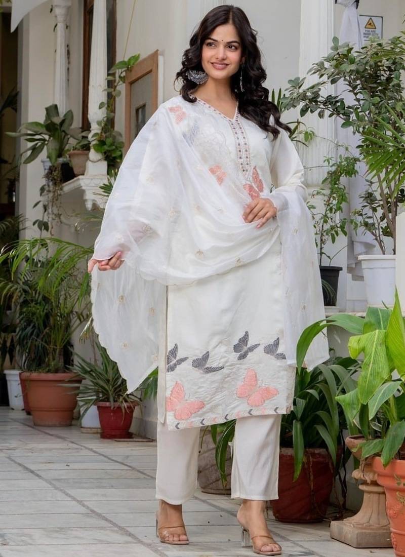 Floral embroidered silk v neck kurta trouser & dupatta set
