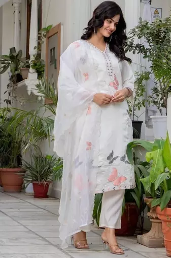 white floral embroidered silk kurta set with dupatta
