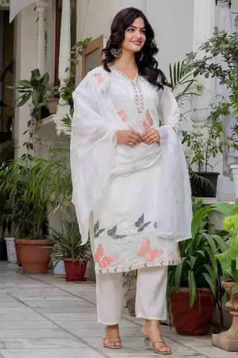 white floral embroidered silk kurta set with dupatta