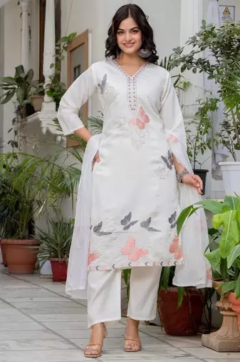 white floral embroidered silk kurta set with dupatta