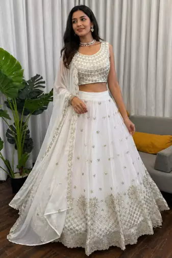 white georgette embroidered lehenga set