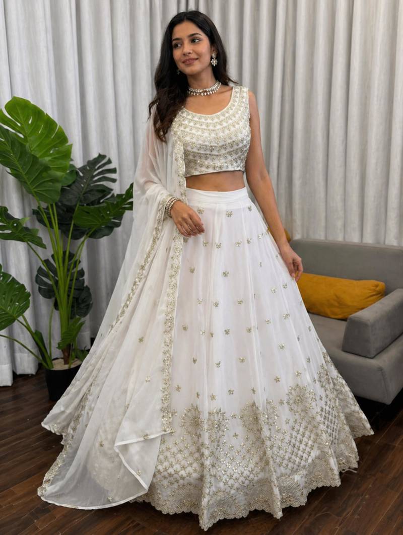white georgette embroidered lehenga set