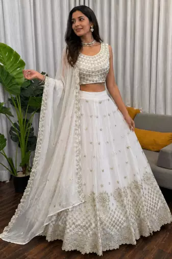 white georgette embroidered lehenga set