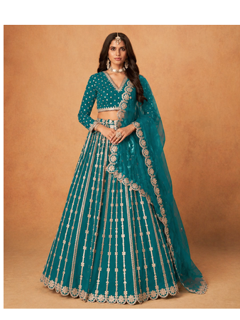 teal embroidered silk blend lehenga set 1