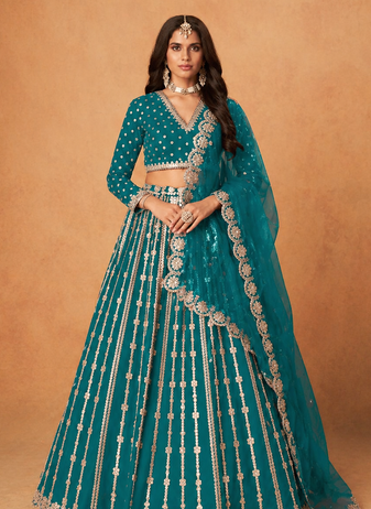 teal silk blend embroidered lehenga set