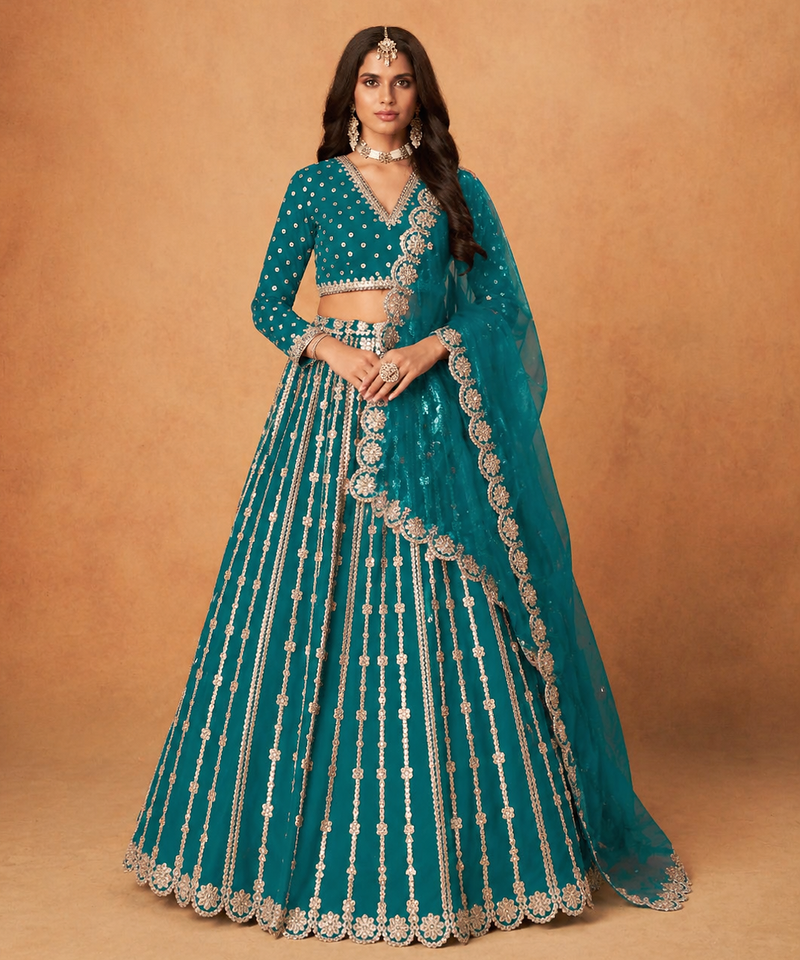 teal silk blend embroidered lehenga set