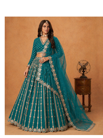 teal embroidered silk blend lehenga set 3