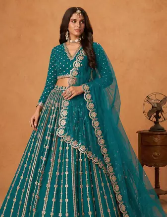 teal silk blend embroidered lehenga set