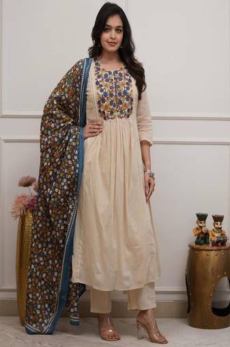 Floral embroidered pure cotton round neck kurta trouser & dupatta set