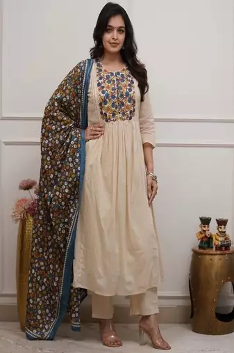 Floral embroidered pure cotton round neck kurta trouser & dupatta set