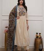 Floral embroidered  cotton round neck kurta trouser & dupatta set