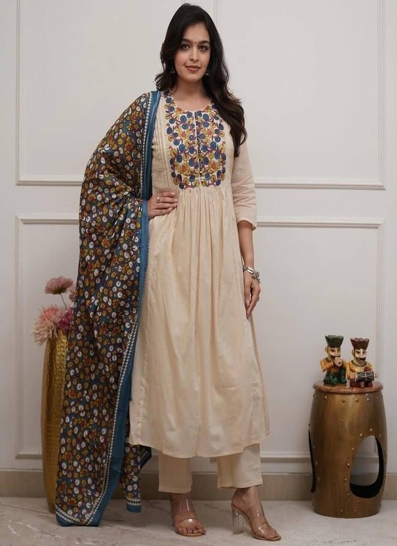 Floral embroidered pure cotton round neck kurta trouser & dupatta set