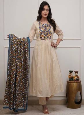 cream floral embroidered cotton kurta set with dupatta 2