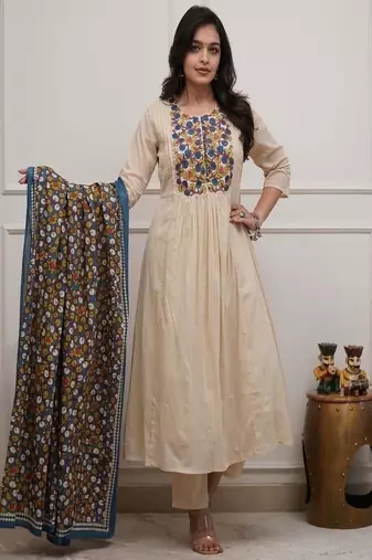 cream floral embroidered cotton kurta set with dupatta