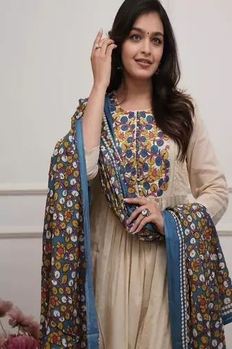 cream floral embroidered cotton kurta set with dupatta