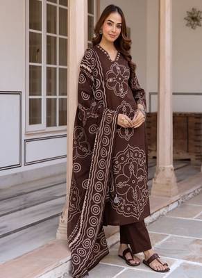 brown floral embroidered cotton kurta set with dupatta 1