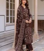 Floral embroidered pure cotton v neck kurta trouser & dupatta set