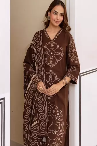 brown floral embroidered cotton kurta set with dupatta