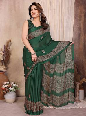 green block print georgette saree with blouse 1
