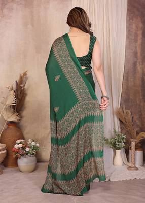 green block print georgette saree with blouse 2