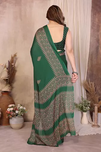 green block print georgette saree with blouse