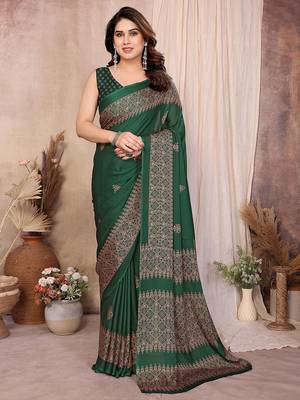 green block print georgette saree with blouse 3