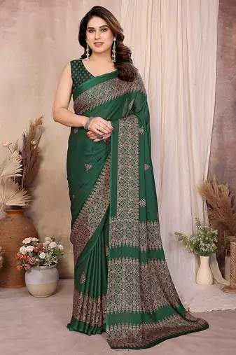 green block print georgette saree with blouse