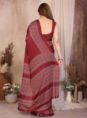 maroon block print georgette saree with blouse 2