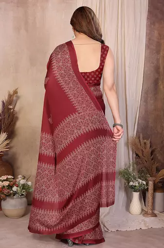 maroon block print georgette saree with blouse
