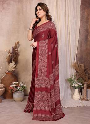maroon block print georgette saree with blouse 3