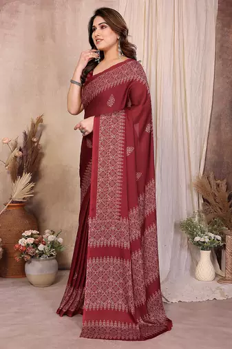 maroon block print georgette saree with blouse