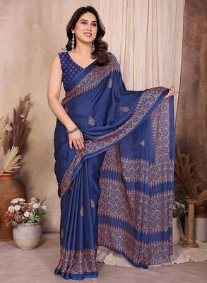 blue block print georgette saree with blouse 1