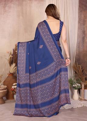blue block print georgette saree with blouse 2