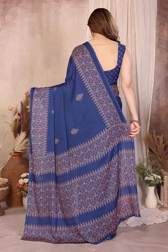 blue block print georgette saree with blouse