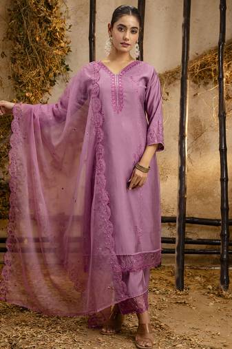 lavender silk embroidered kurta set with floral work