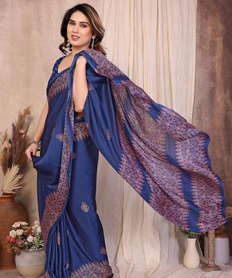 blue block print georgette saree with blouse 3