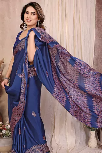 blue block print georgette saree with blouse