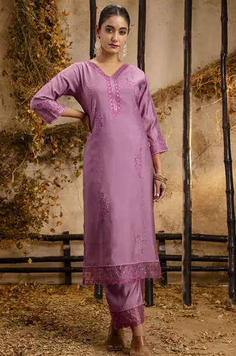 lavender silk embroidered kurta set with floral work