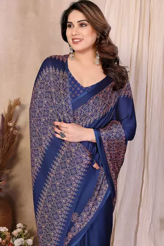 blue block print georgette saree with blouse